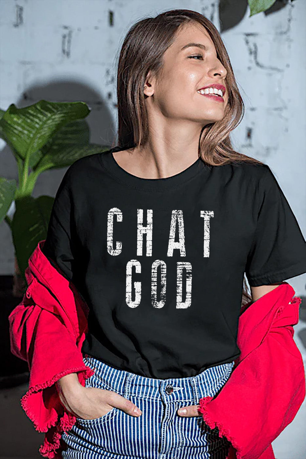 Model wearing a black CHAT GOD graphic T-shirt with distressed white lettering.